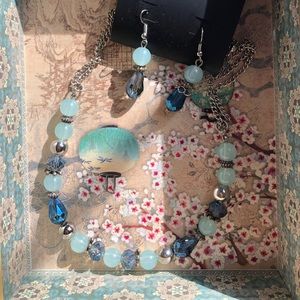 Beaded Crystal Blue Necklace And Earrings Set